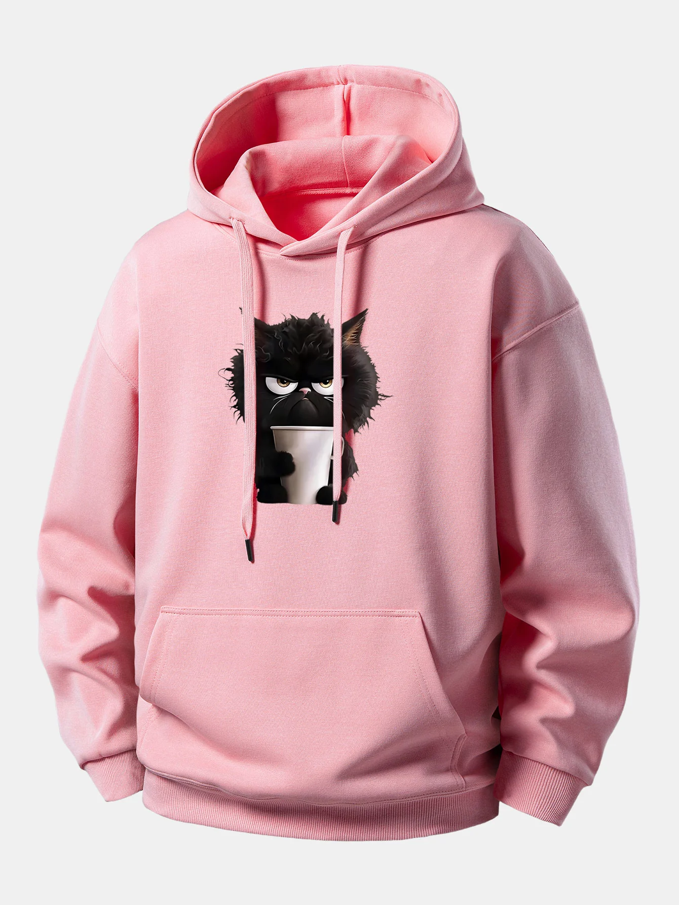 Black Cat Drinking Coffee Print Relax Fit Hoodie - Image 9