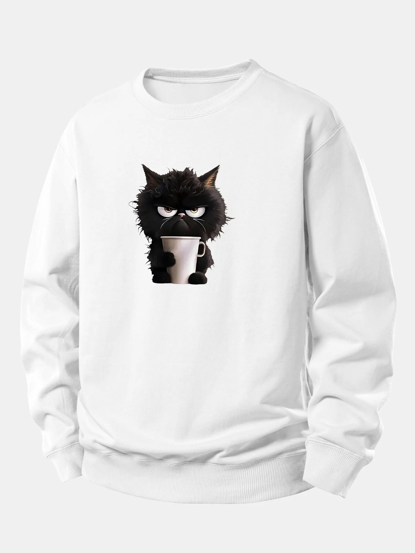 Schwarzes Katzen-Motiv Kaffeetrinkendes Relaxed Fit Sweatshirt - Image 2