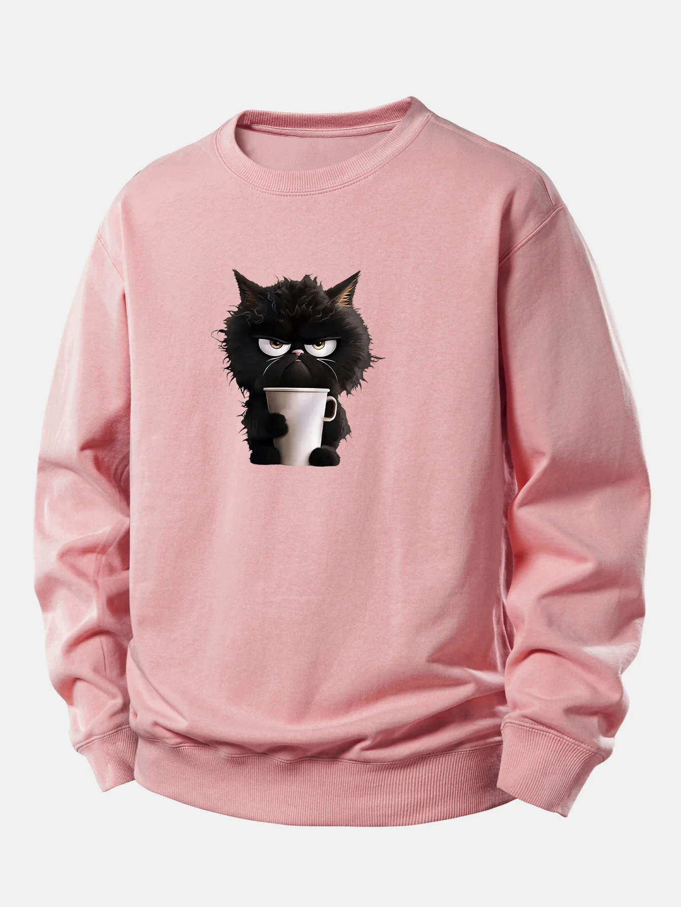 Schwarzes Katzen-Motiv Kaffeetrinkendes Relaxed Fit Sweatshirt - Image 3