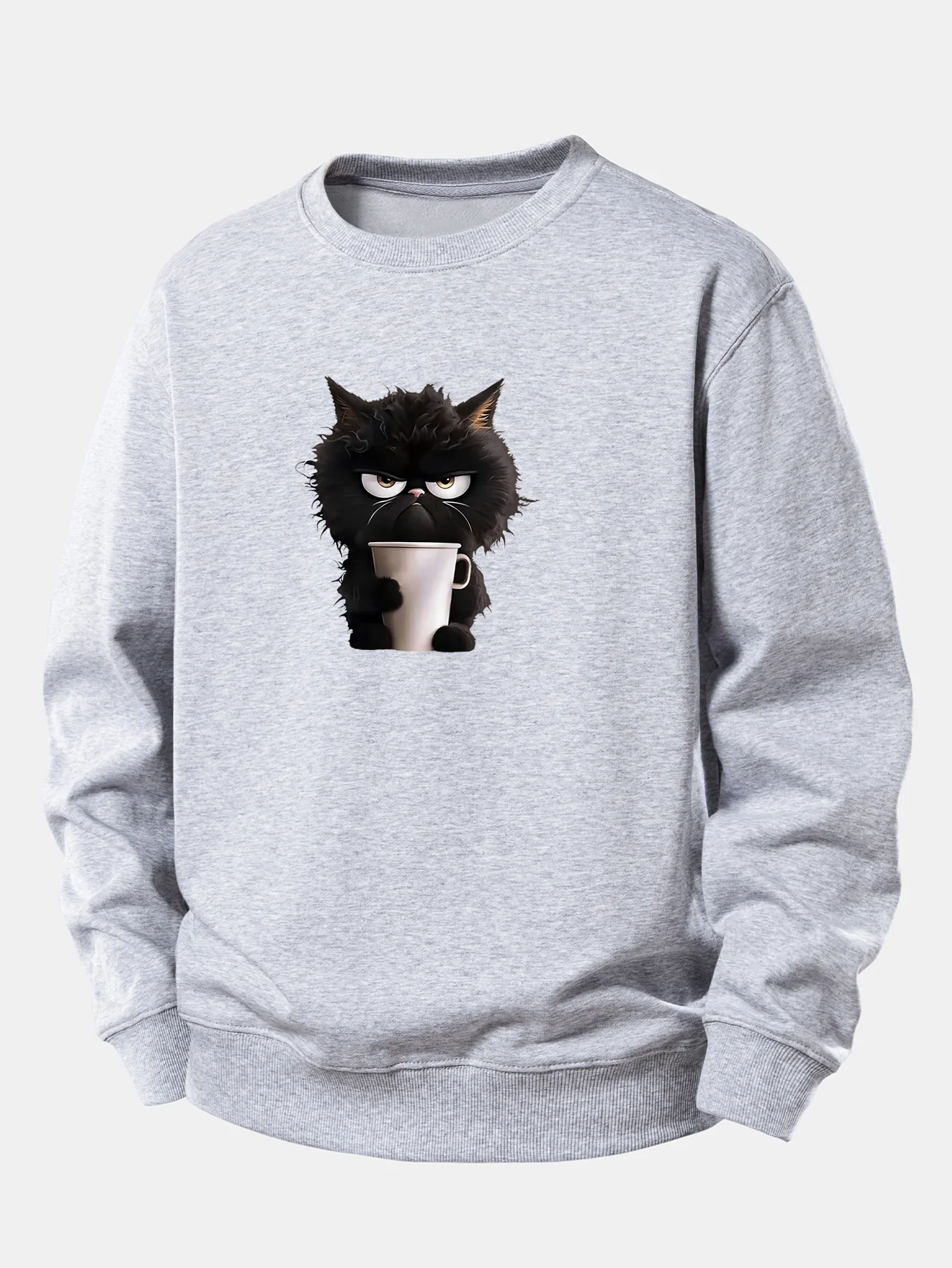 Schwarzes Katzen-Motiv Kaffeetrinkendes Relaxed Fit Sweatshirt - Image 4