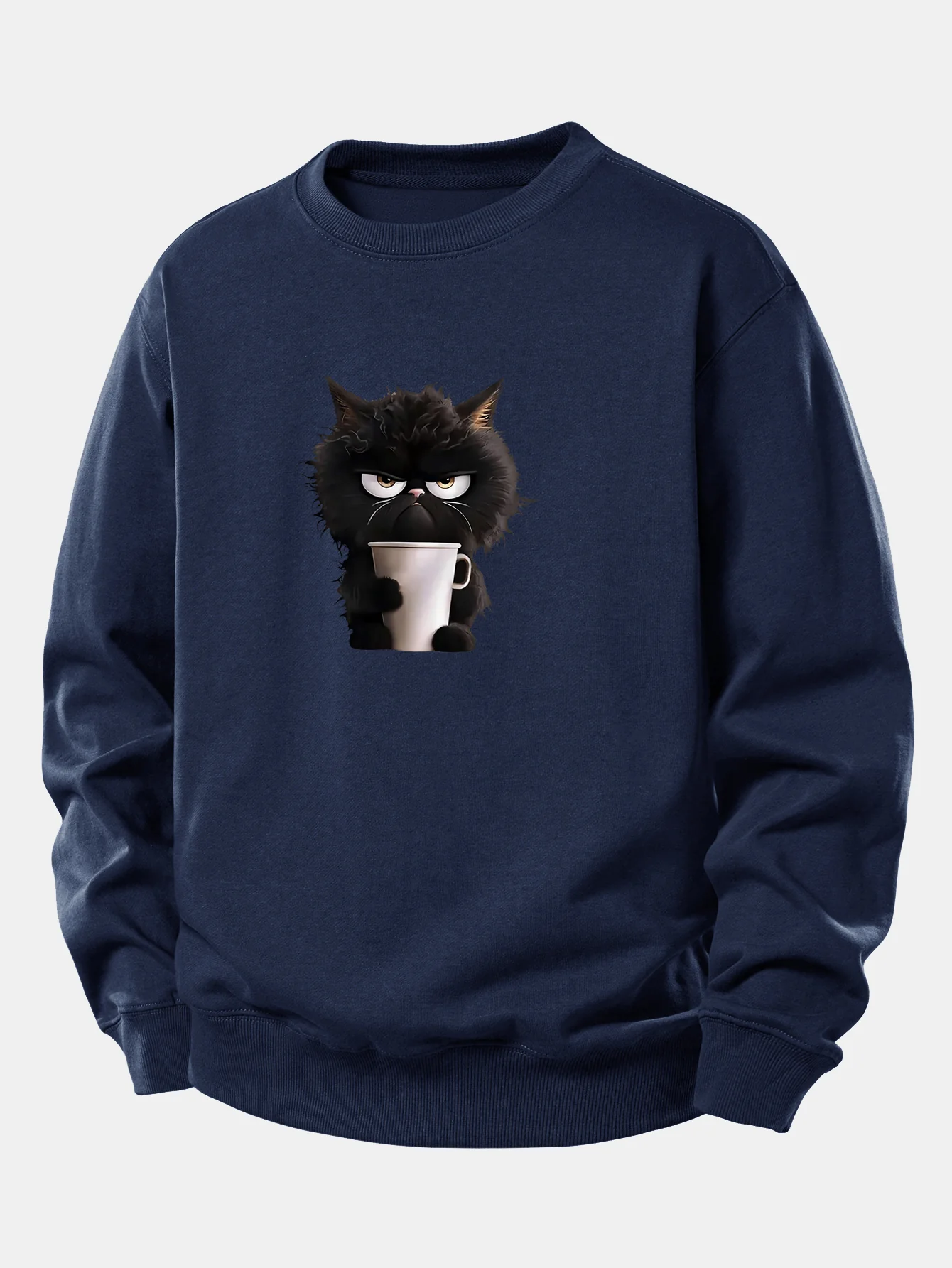 Schwarzes Katzen-Motiv Kaffeetrinkendes Relaxed Fit Sweatshirt - Image 5