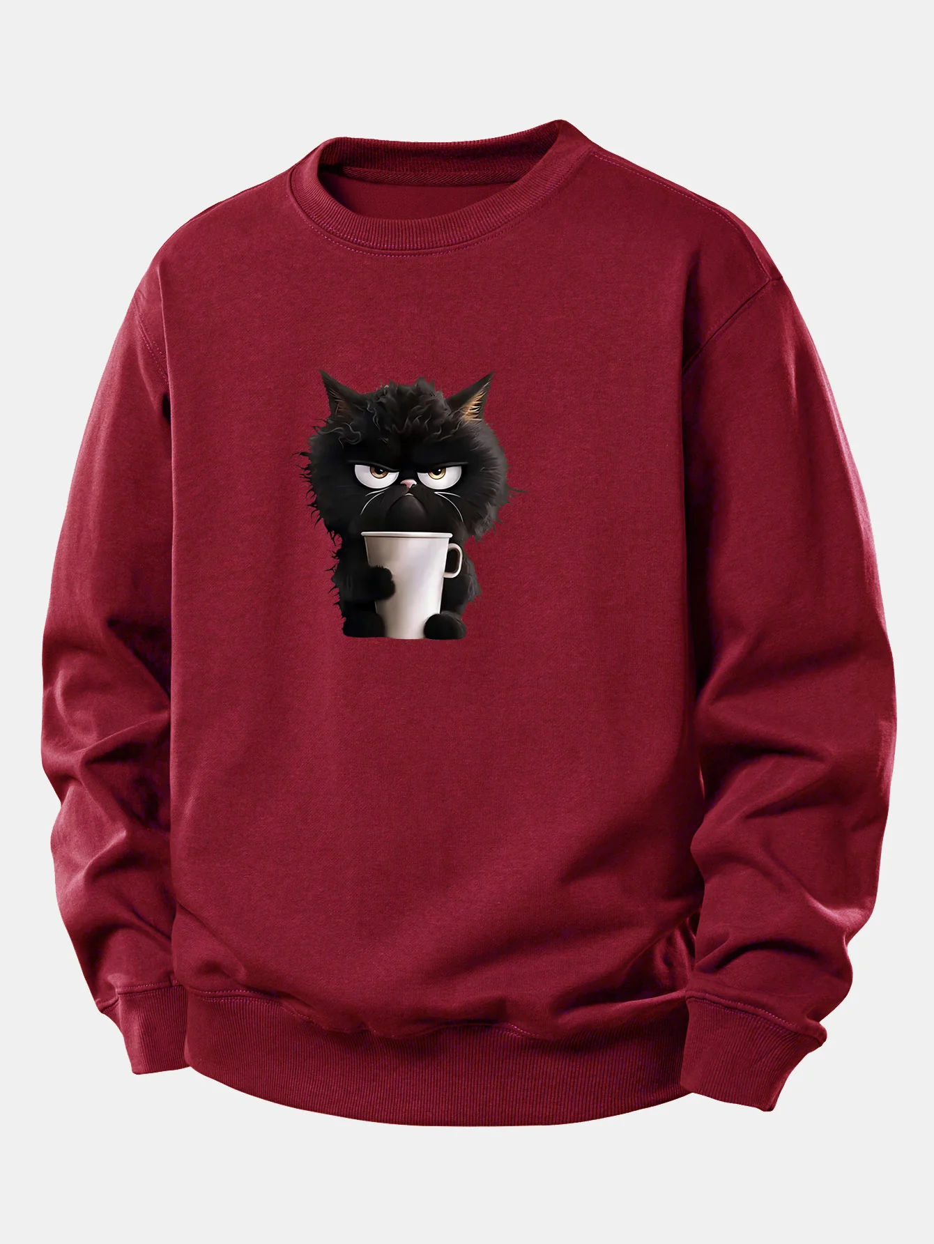 Schwarzes Katzen-Motiv Kaffeetrinkendes Relaxed Fit Sweatshirt - Image 6