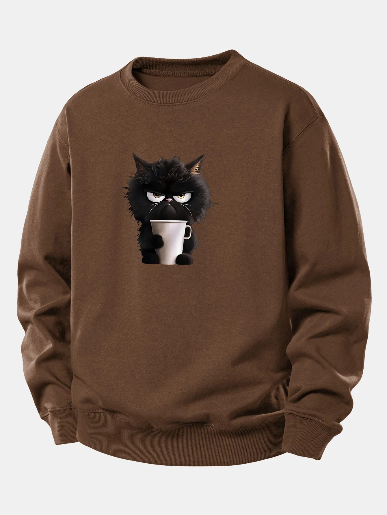Schwarzes Katzen-Motiv Kaffeetrinkendes Relaxed Fit Sweatshirt - Image 7