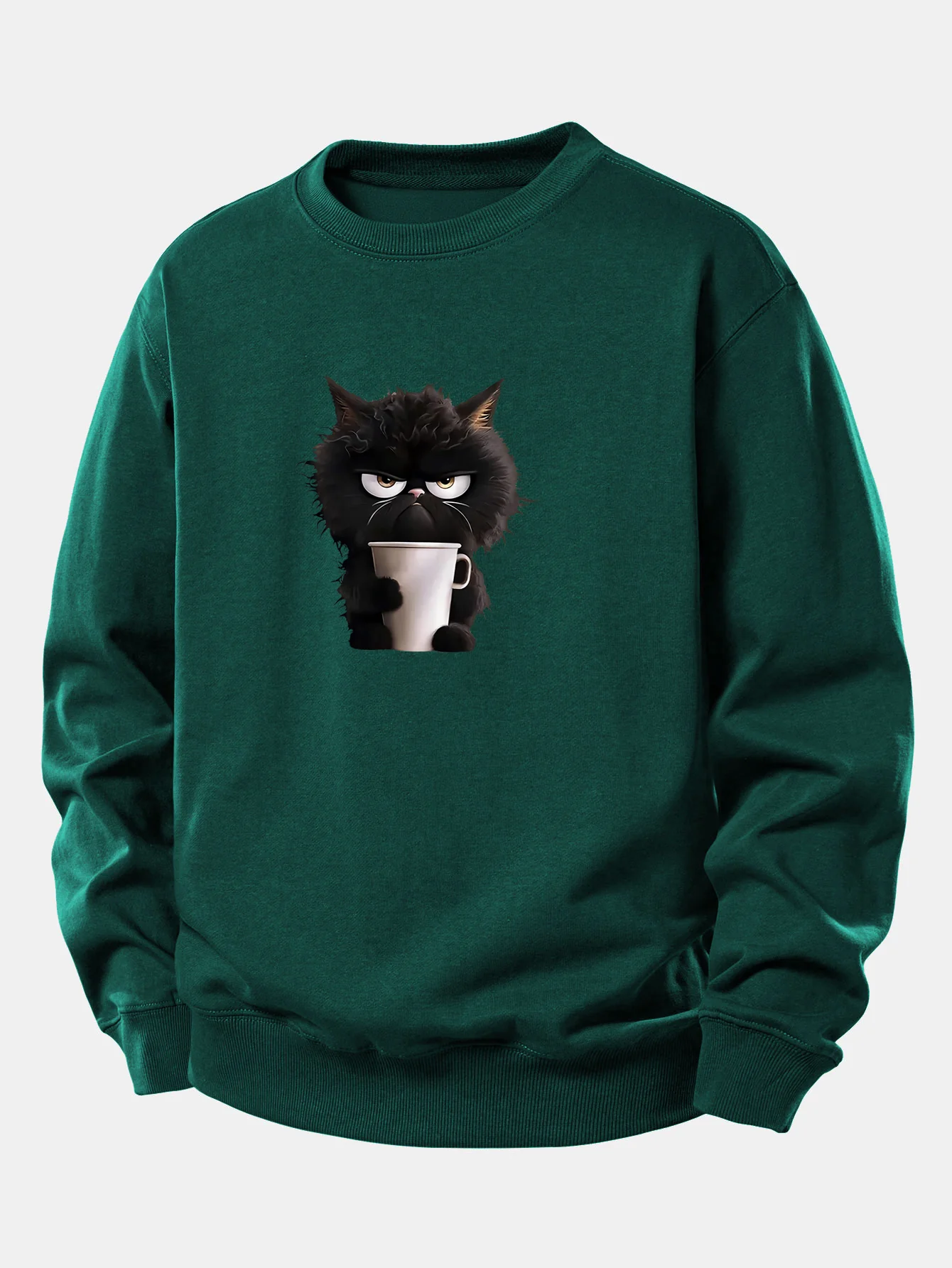Schwarzes Katzen-Motiv Kaffeetrinkendes Relaxed Fit Sweatshirt - Image 8