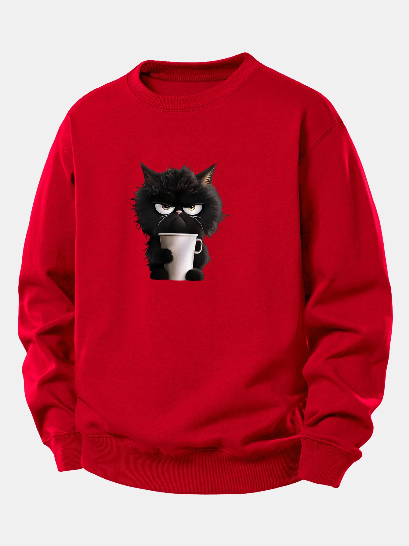 Schwarzes Katzen-Motiv Kaffeetrinkendes Relaxed Fit Sweatshirt - Image 9