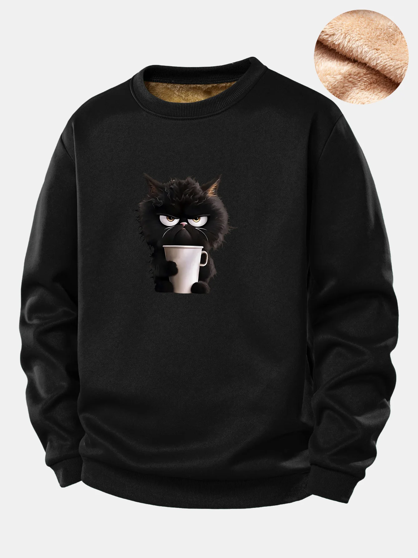 Schwarzes Katzen-Trink-Kaffee-Motiv Teddy-Fleece-gefüttertes Sweatshirt - Image 2