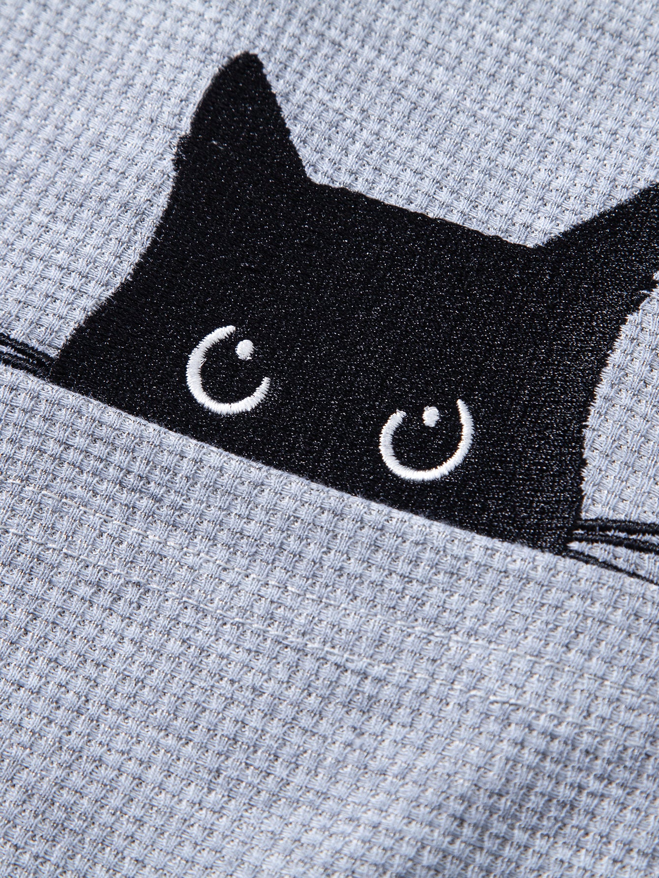 Relax Fit Black Cat Embroidered Pocket Waffle T-Shirt - Image 2