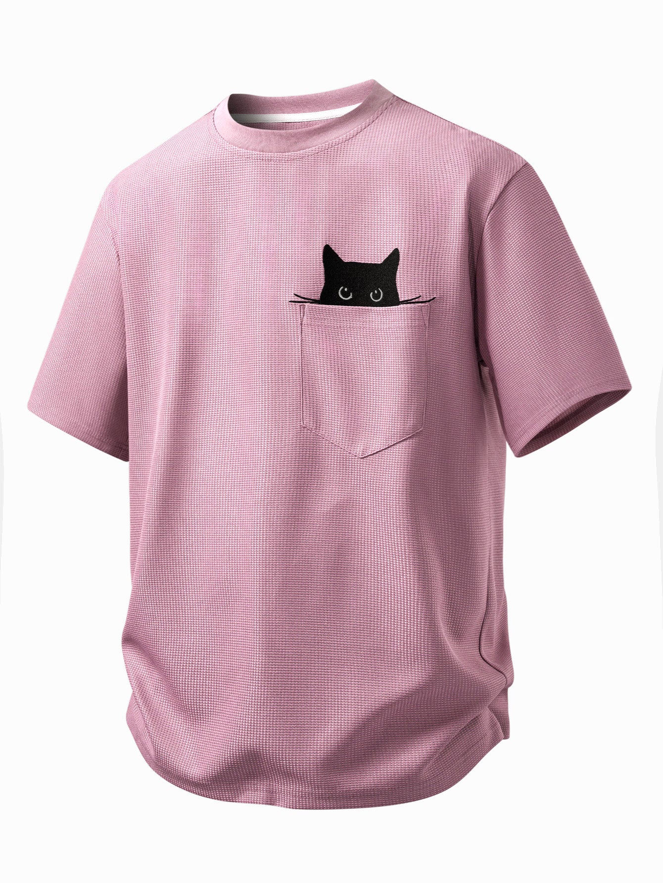 Relax Fit Black Cat Embroidered Pocket Waffle T-Shirt - Image 4