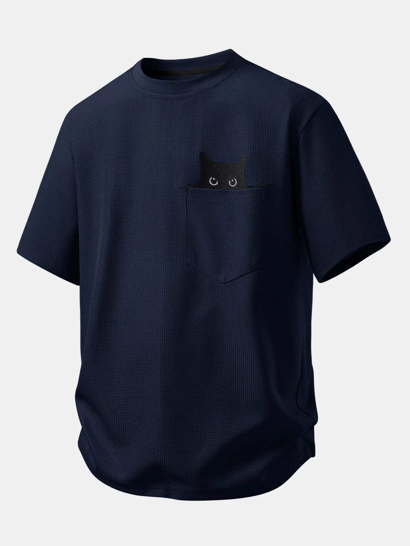 Relax Fit Black Cat Embroidered Pocket Waffle T-Shirt - Image 6