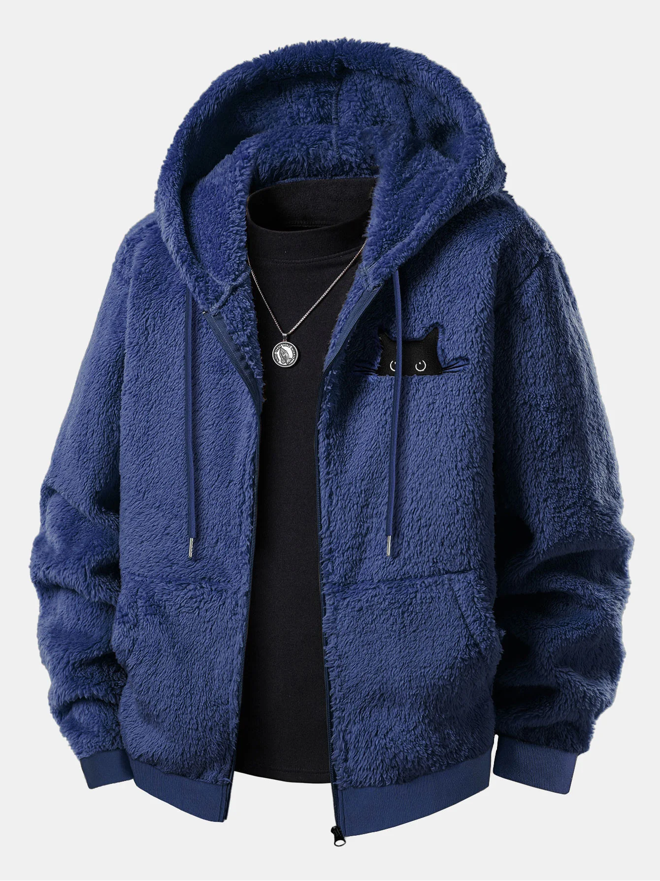 Black Cat Embroidered Teddy Zip Up Hoodie - Image 3