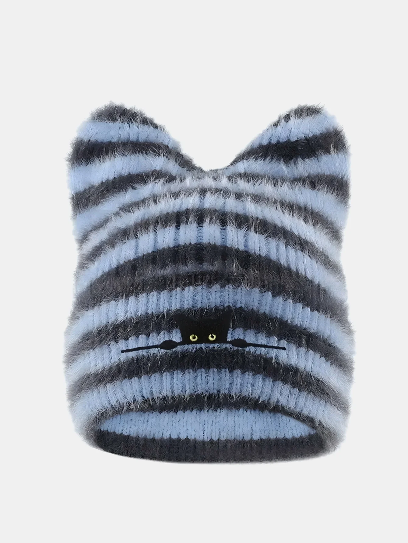 Black Cat Embroidered Thick Plush Cat Ear Beanie Hat - Image 2