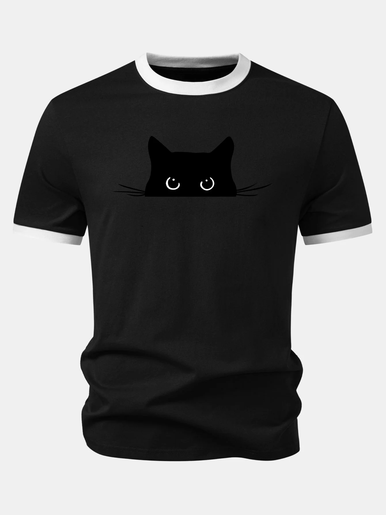Black Cat Print Contrast Ringer T-Shirt - Image 6