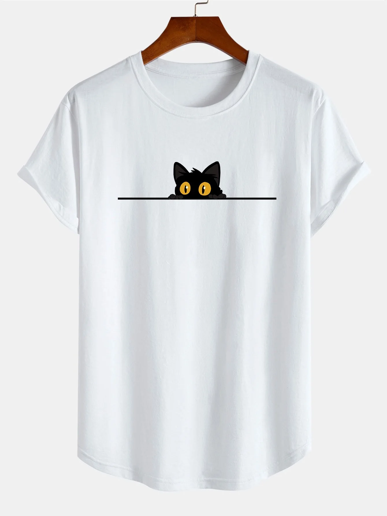 Schwarze Katzen Druck Baumwolle Bogen Saum T-Shirt - Image 2