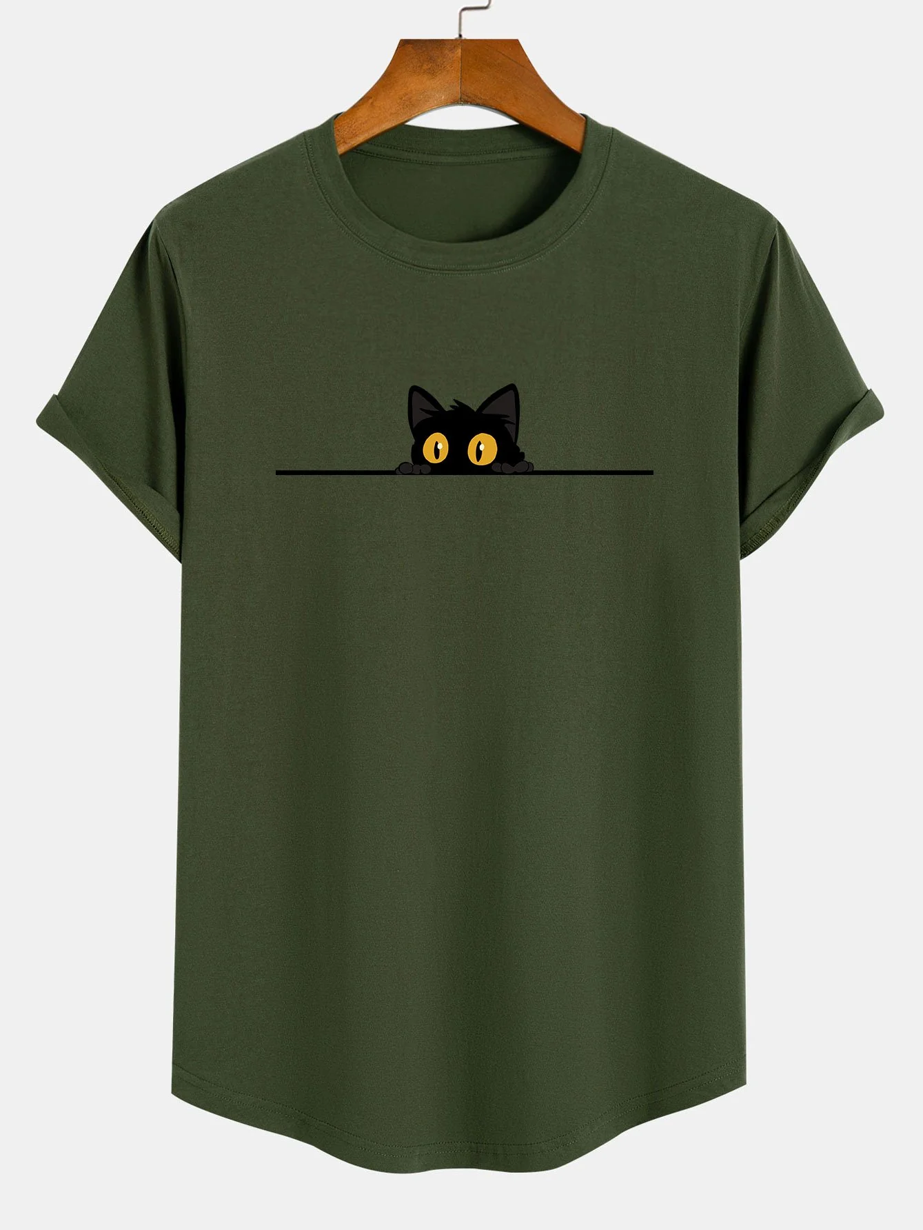 Schwarze Katzen Druck Baumwolle Bogen Saum T-Shirt - Image 4