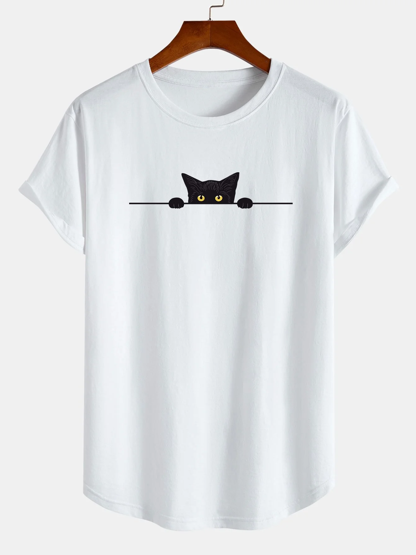 Schwarze Katzen Druck Baumwolle Bogen Saum T-Shirt - Image 2