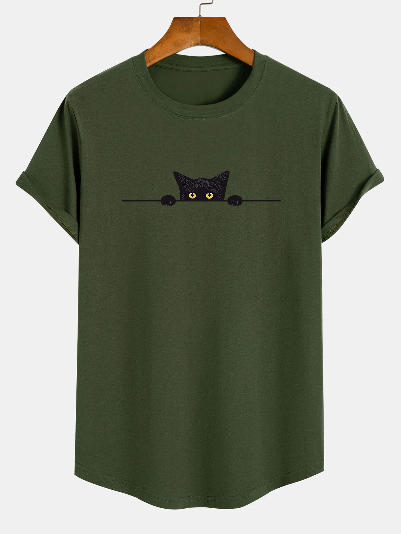 Schwarze Katzen Druck Baumwolle Bogen Saum T-Shirt - Image 4