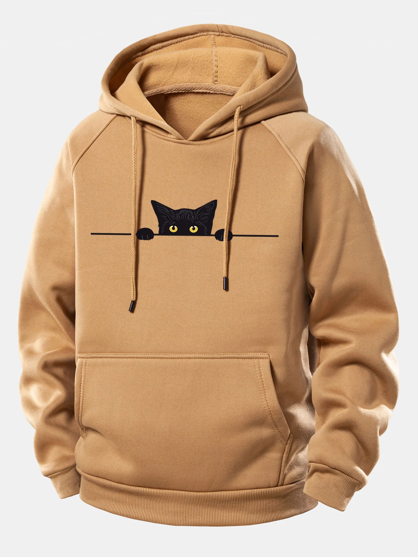 Black Cat Print Drawstring Hoodie