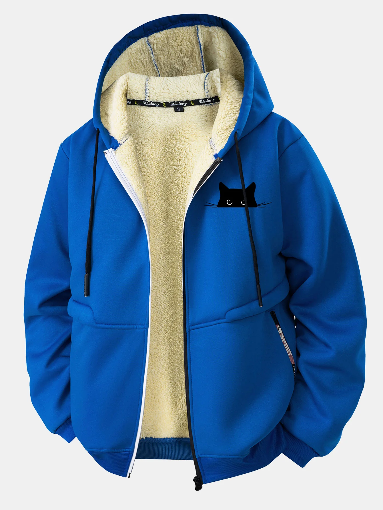Black Cat Print Teddy Lined Zipper Hoodie - Image 2