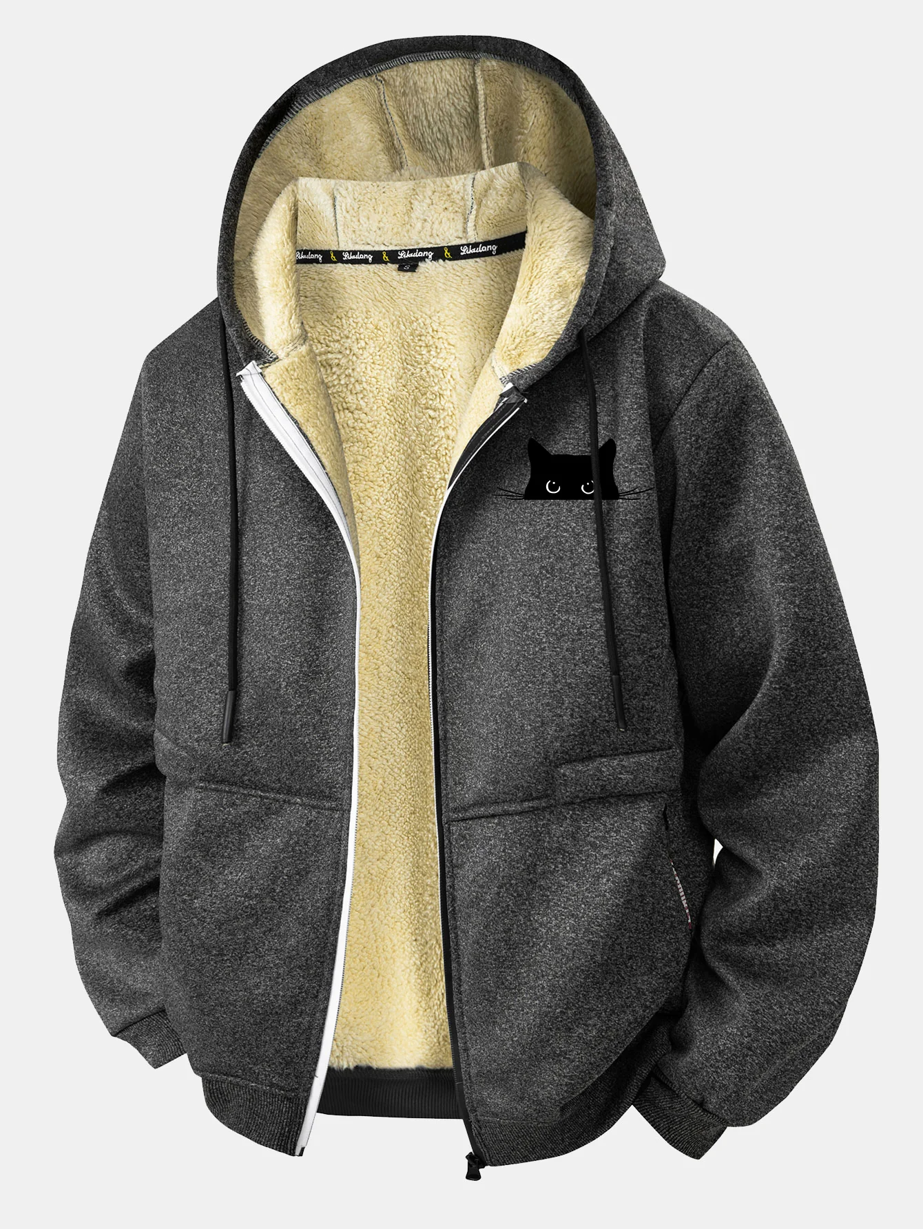 Black Cat Print Teddy Lined Zipper Hoodie - Image 3