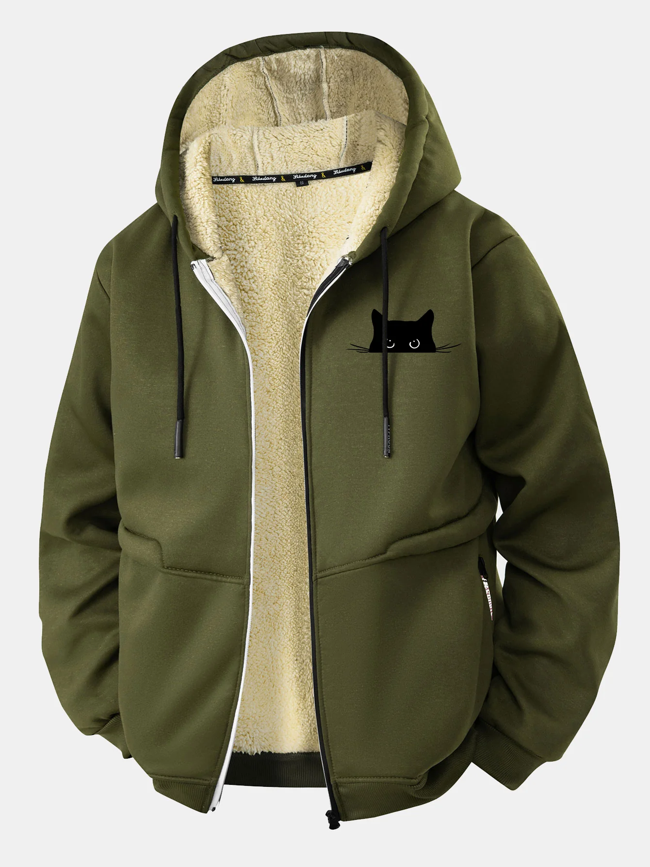 Black Cat Print Teddy Lined Zipper Hoodie - Image 4
