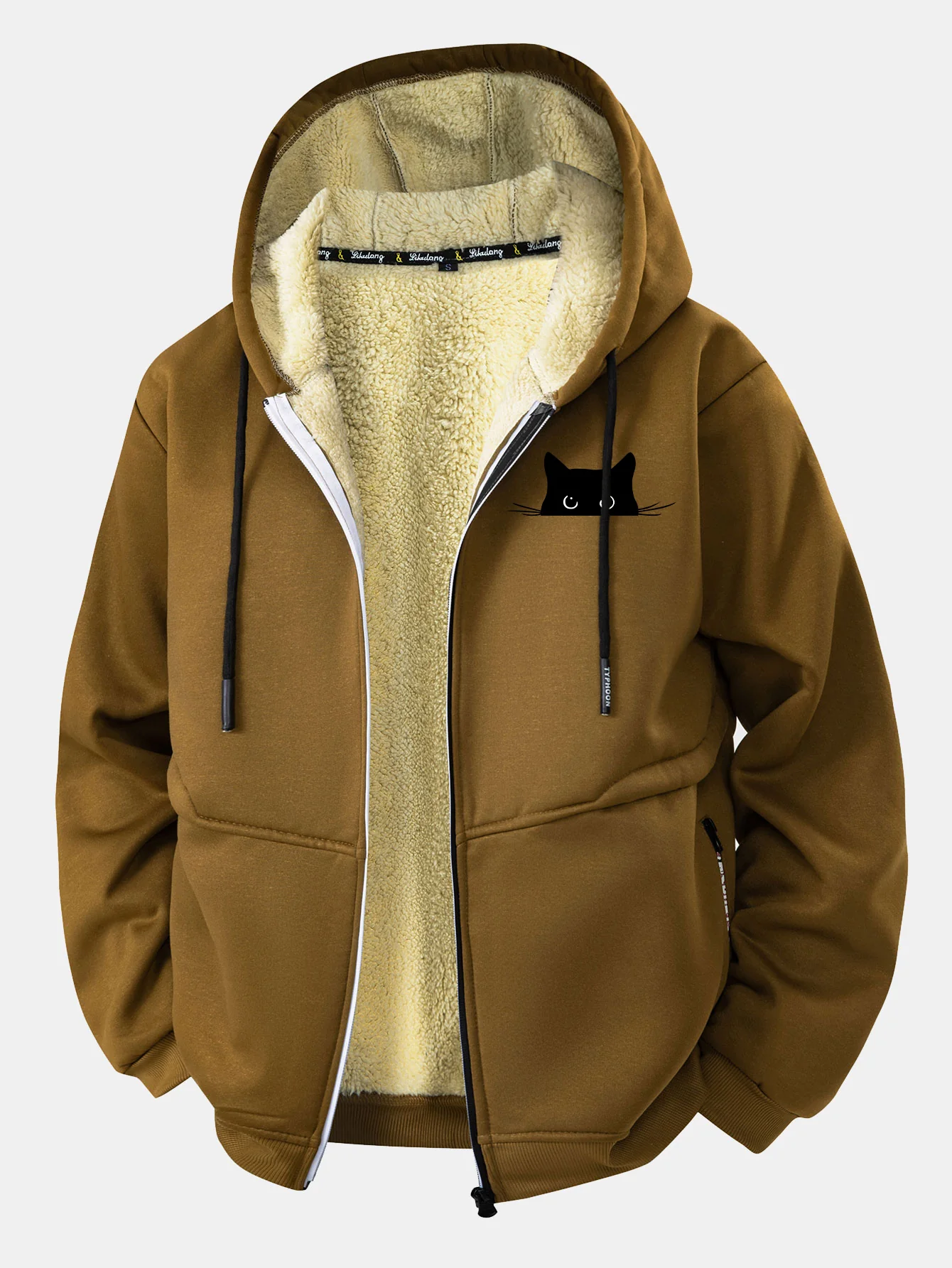 Black Cat Print Teddy Lined Zipper Hoodie - Image 5