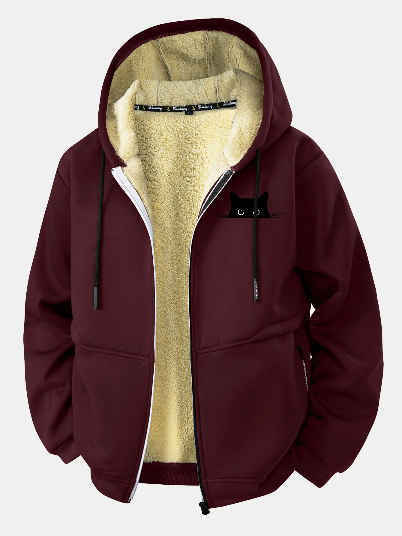 Black Cat Print Teddy Lined Zipper Hoodie - Image 6