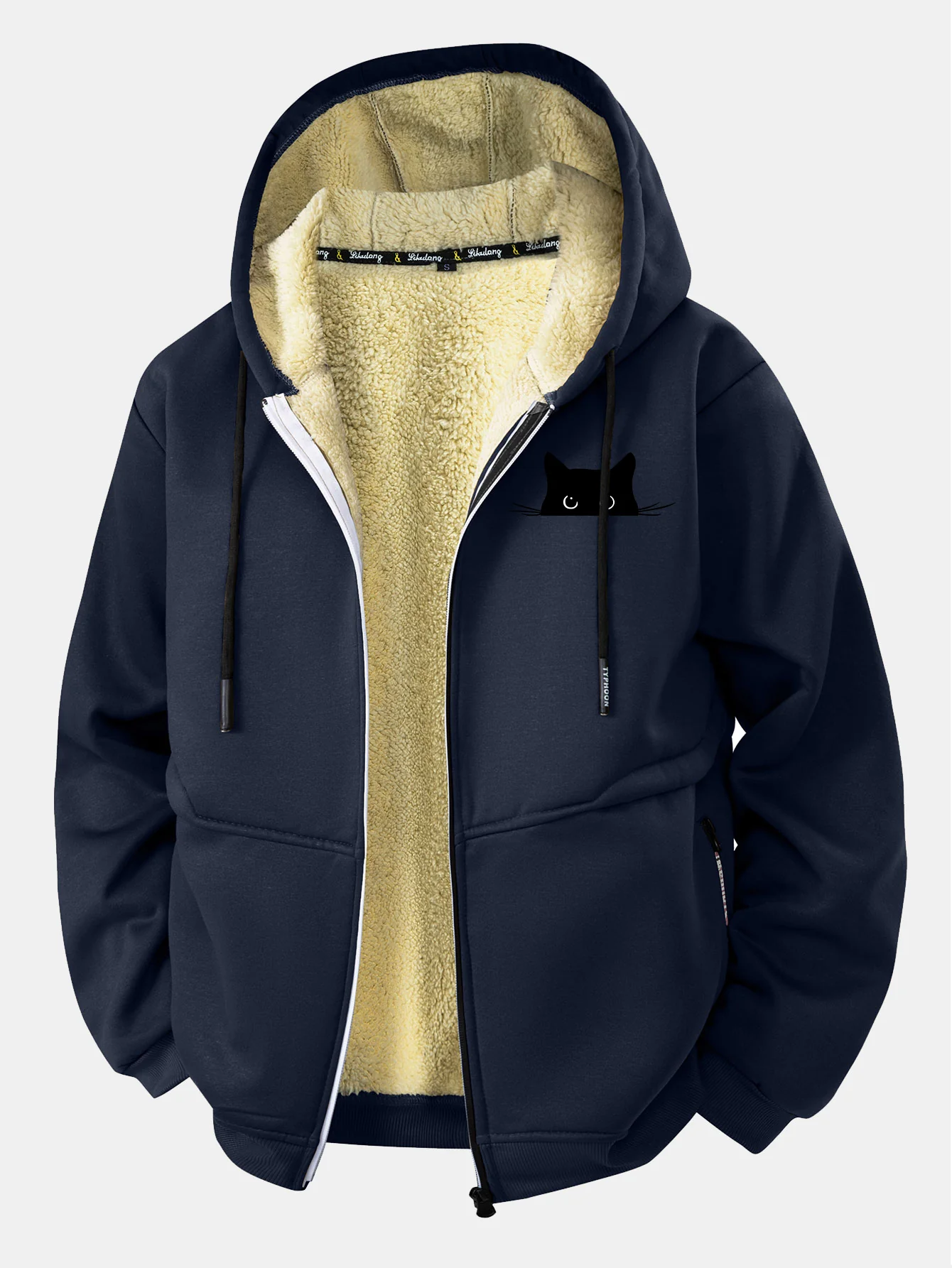 Black Cat Print Teddy Lined Zipper Hoodie - Image 7