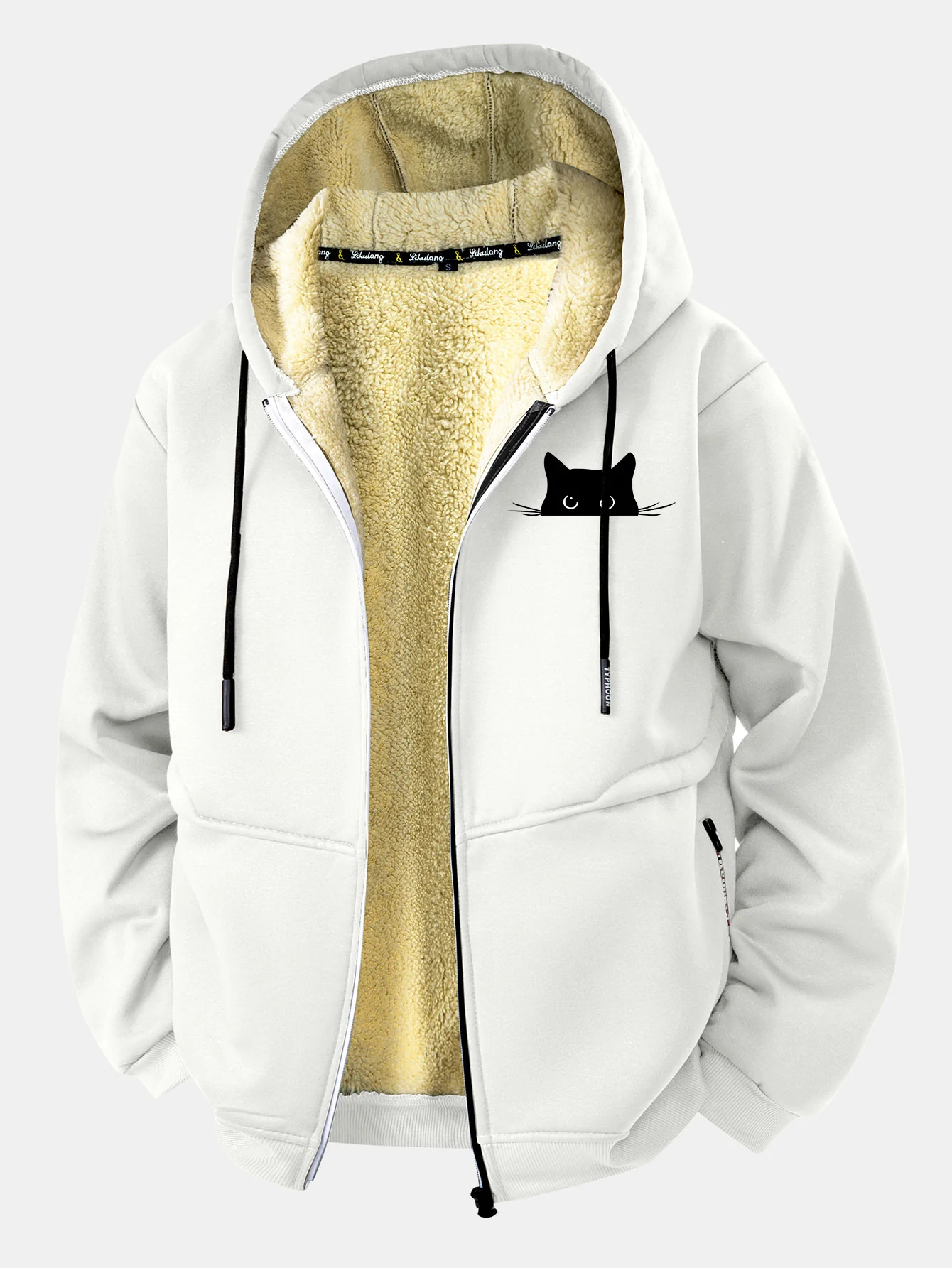 Black Cat Print Teddy Lined Zipper Hoodie - Image 8