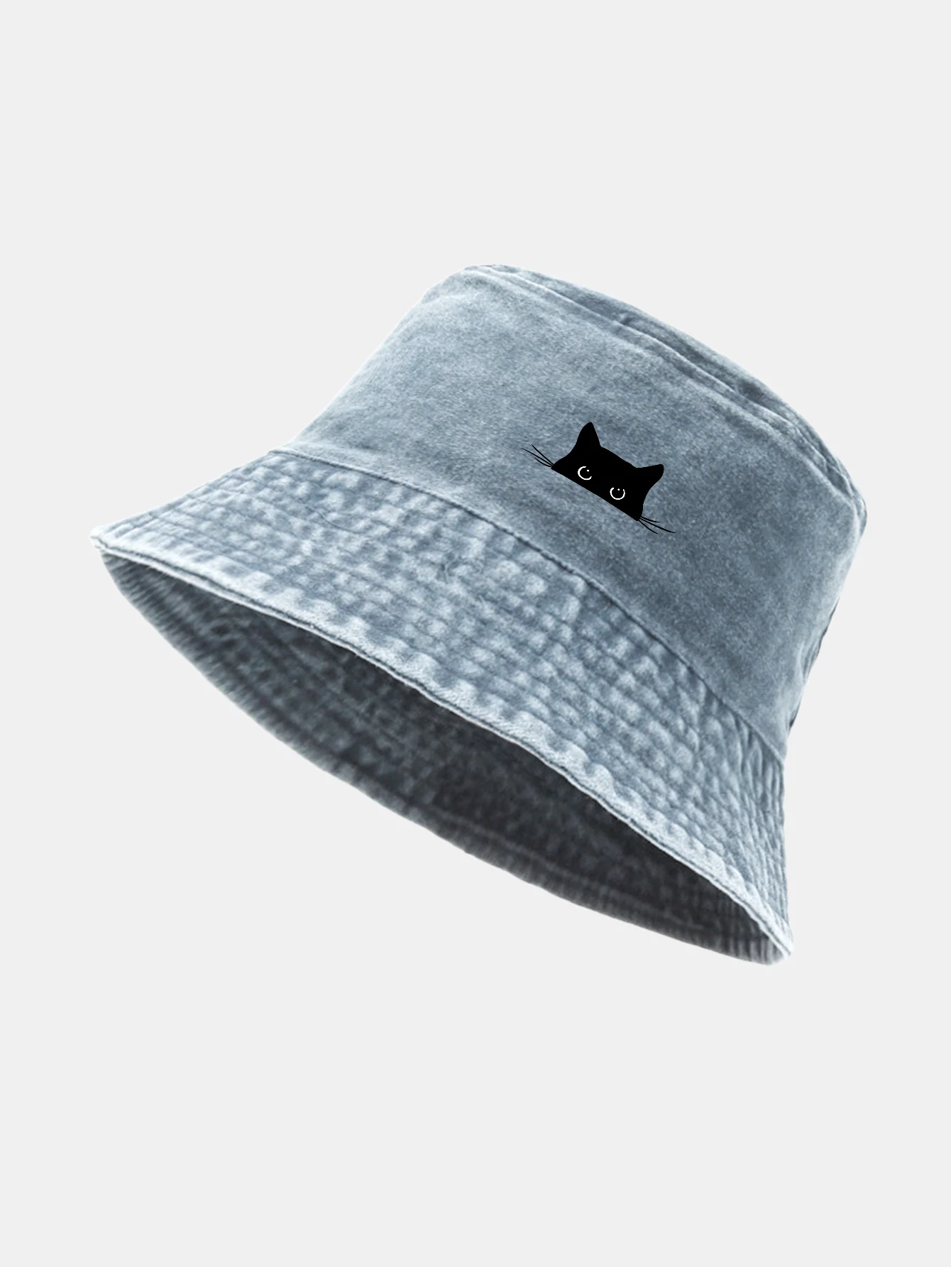 Black Cat Print Washed Distressed Bucket Hat - Image 3