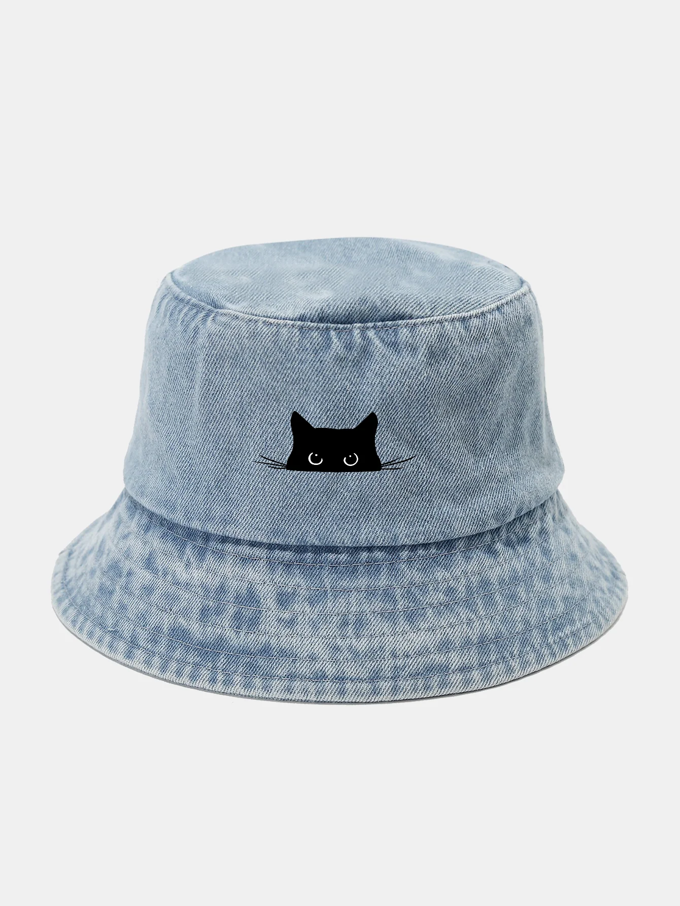 Black Cat Print Washed Distressed Bucket Hat - Image 4