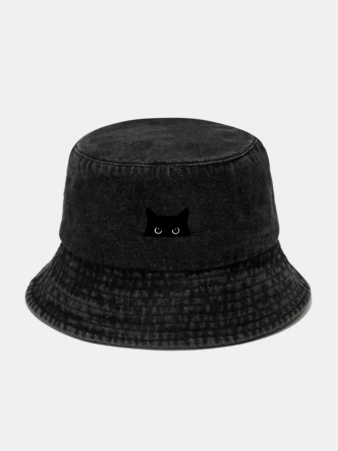 Black Cat Print Washed Distressed Bucket Hat - Image 6