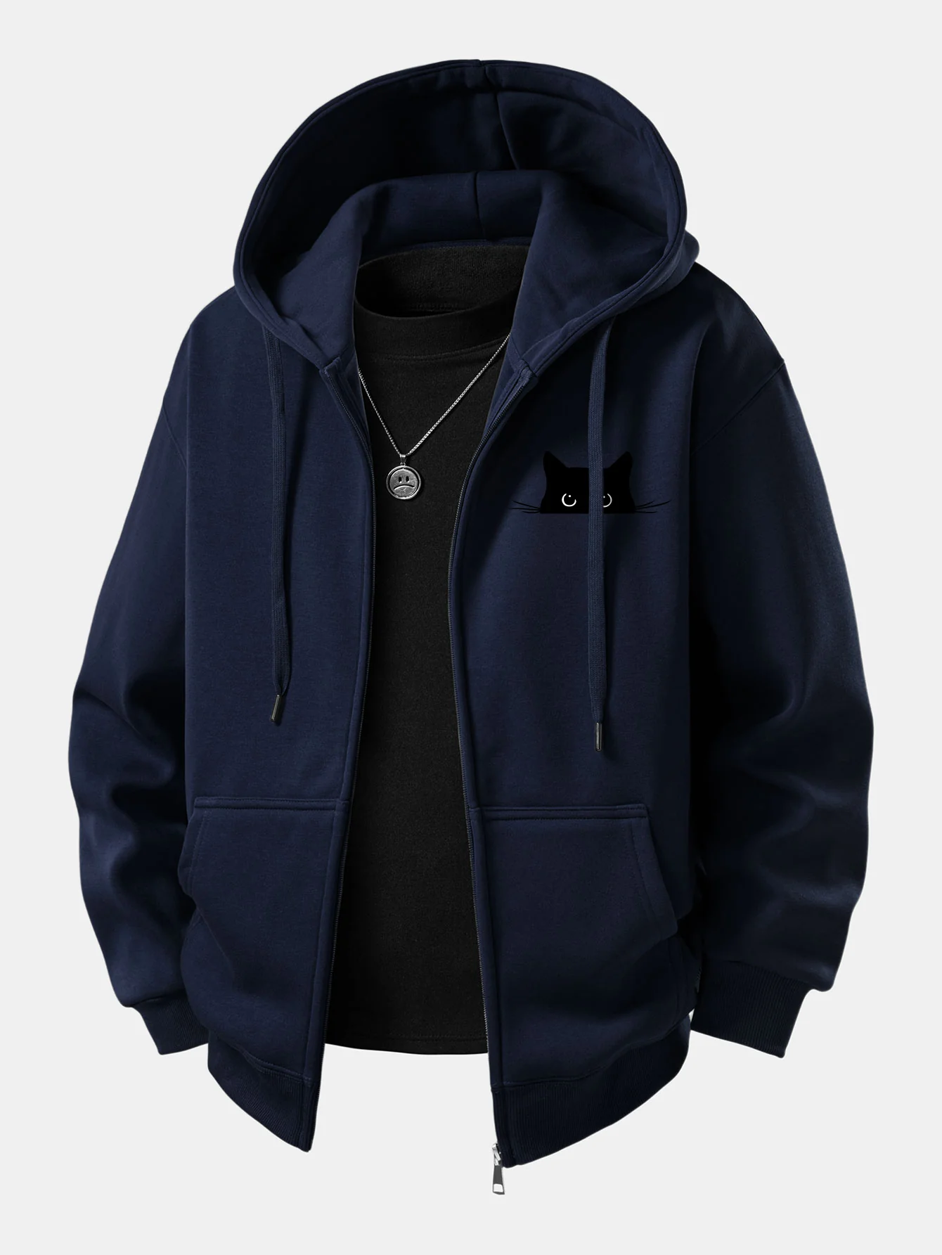 Black Cat Print Zip-Up Hoodie - Image 3