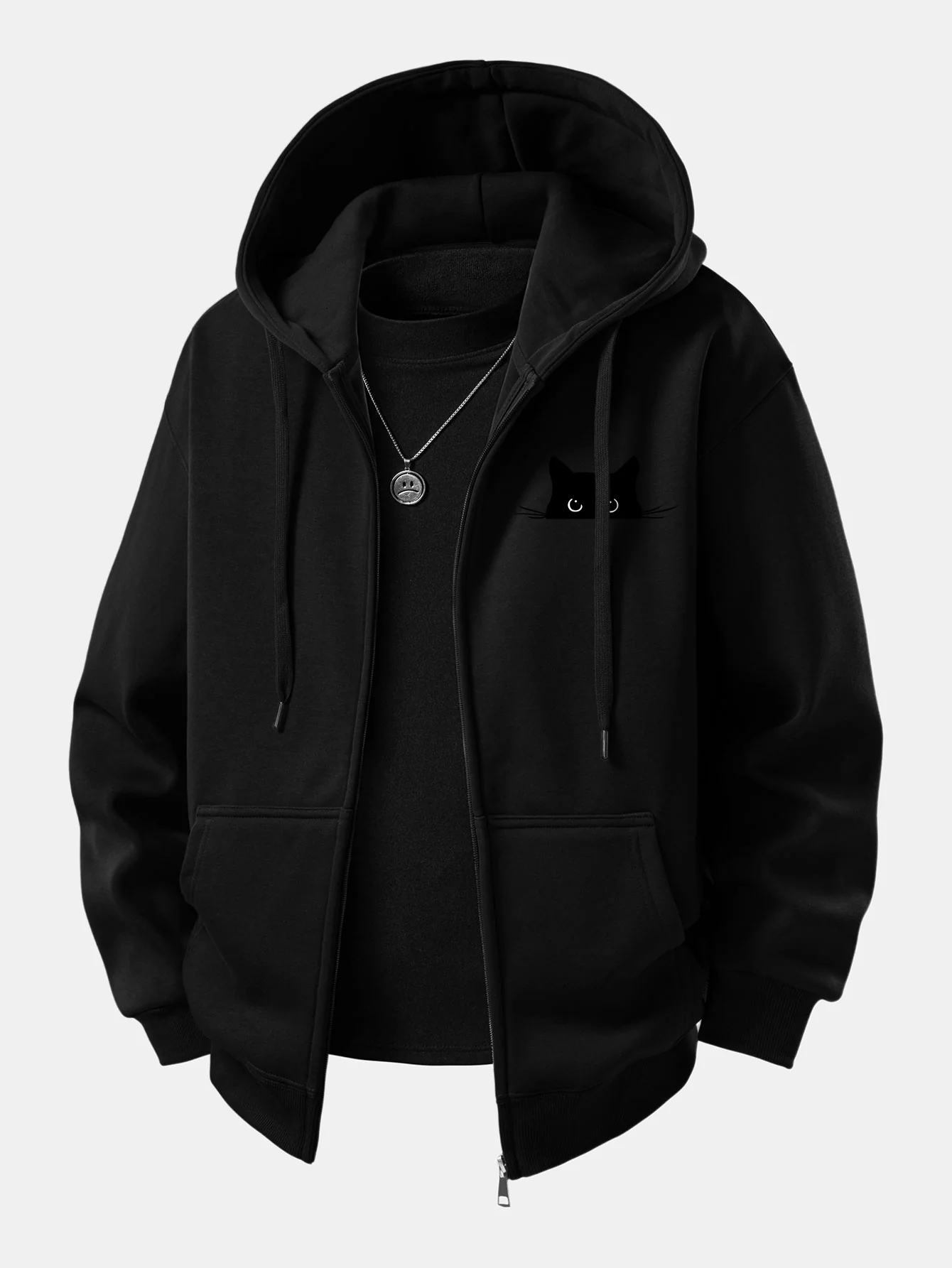 Black Cat Print Zip-Up Hoodie - Image 7