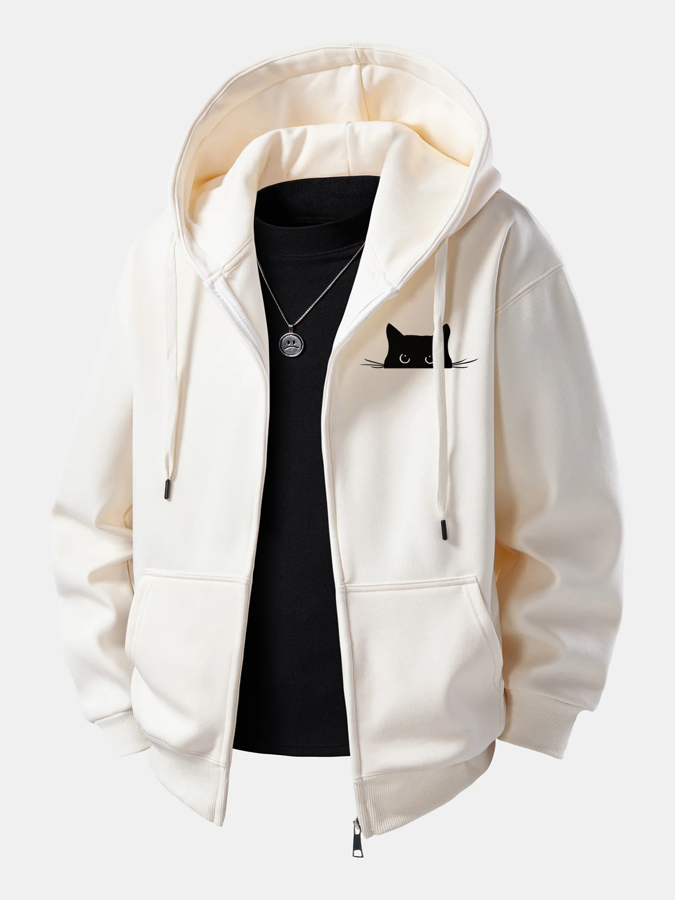 Black Cat Print Zip-Up Hoodie - Image 9