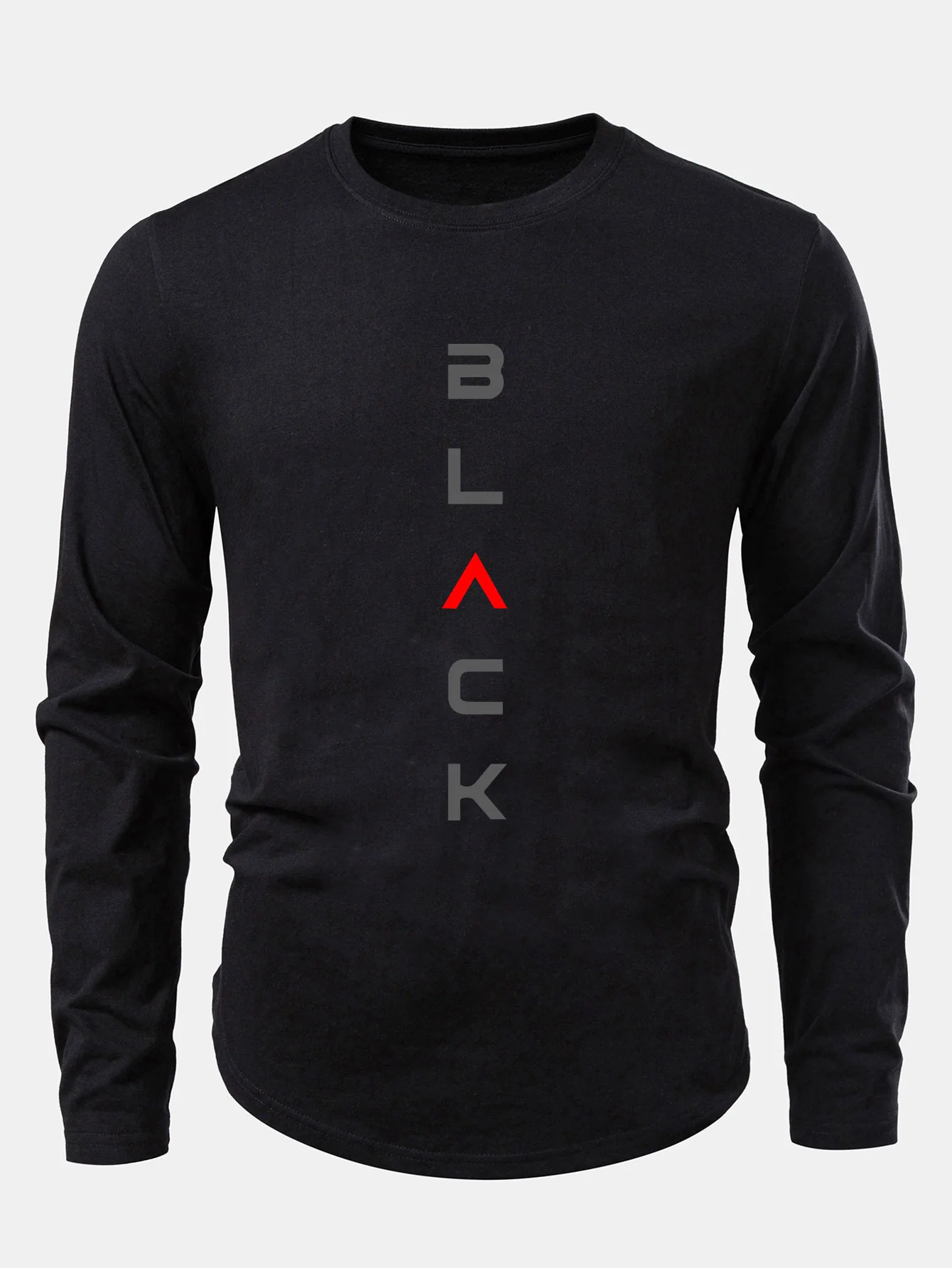 Schwarzes bedrucktes Baumwoll-T-Shirt mit abgerundetem Saum