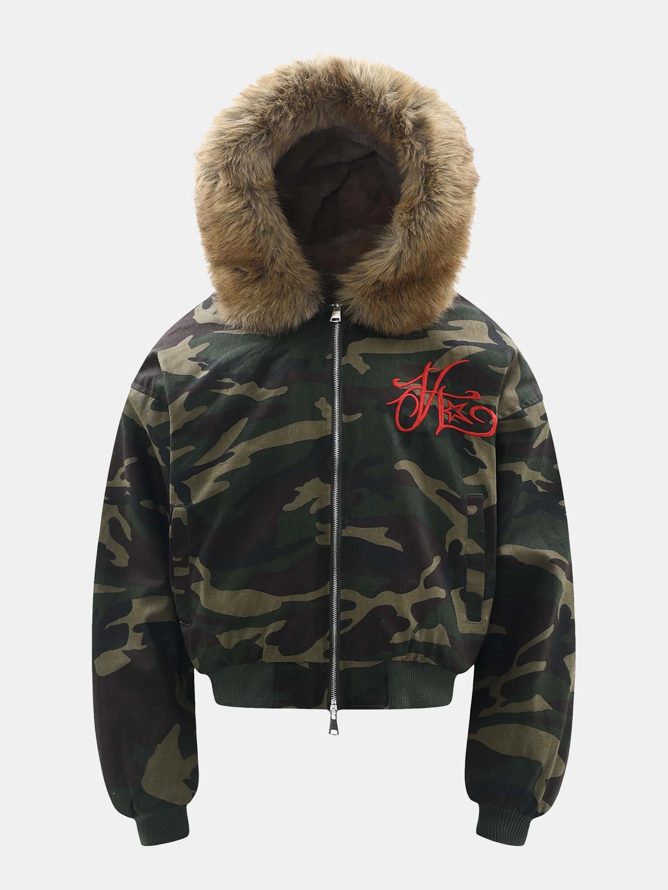 Boxy Tarnmuster Kunstpelzkragen Kapuzenjacke