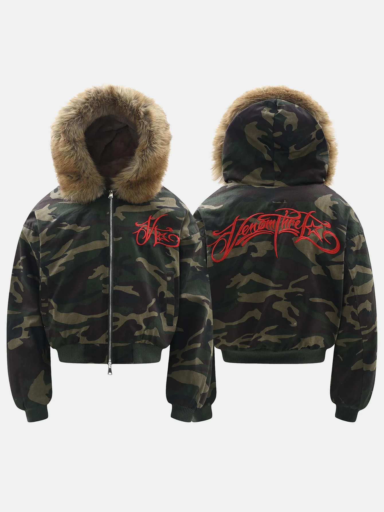 Boxy Tarnmuster Kunstpelzkragen Kapuzenjacke - Image 3