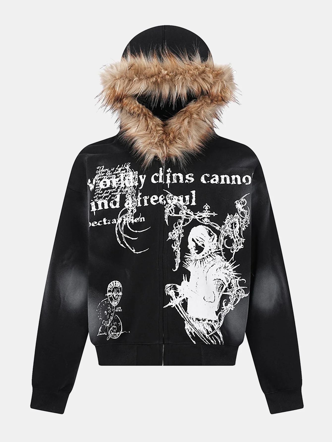 Boxy Kapuzenpullover mit Reißverschluss, Comic-Charakterdruck und Kunstpelzkragen - Image 3