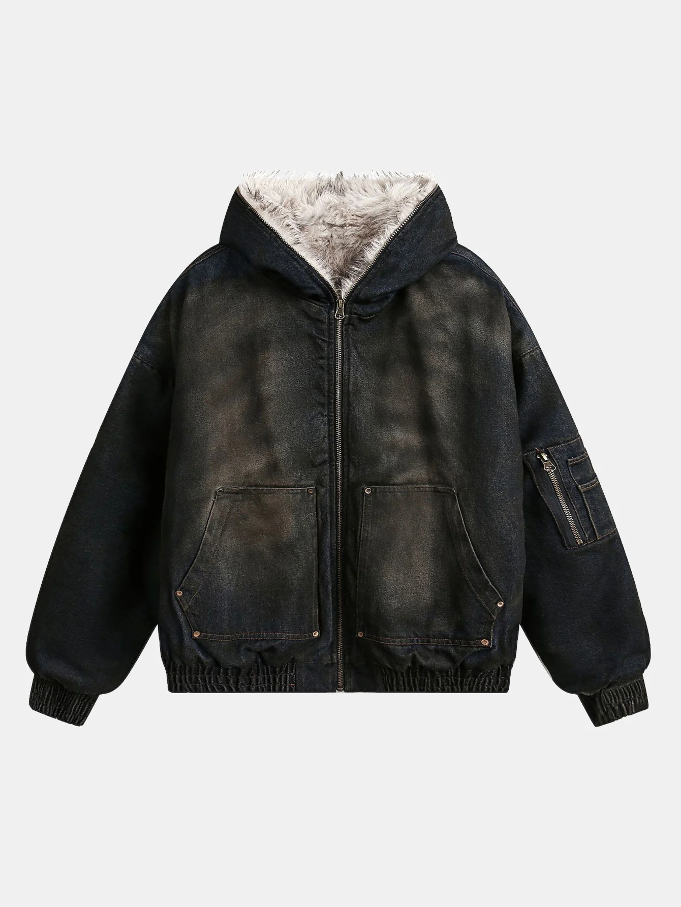 Boxy Kunstpelzkragen Gewaschene Denim Kapuzenjacke - Image 2