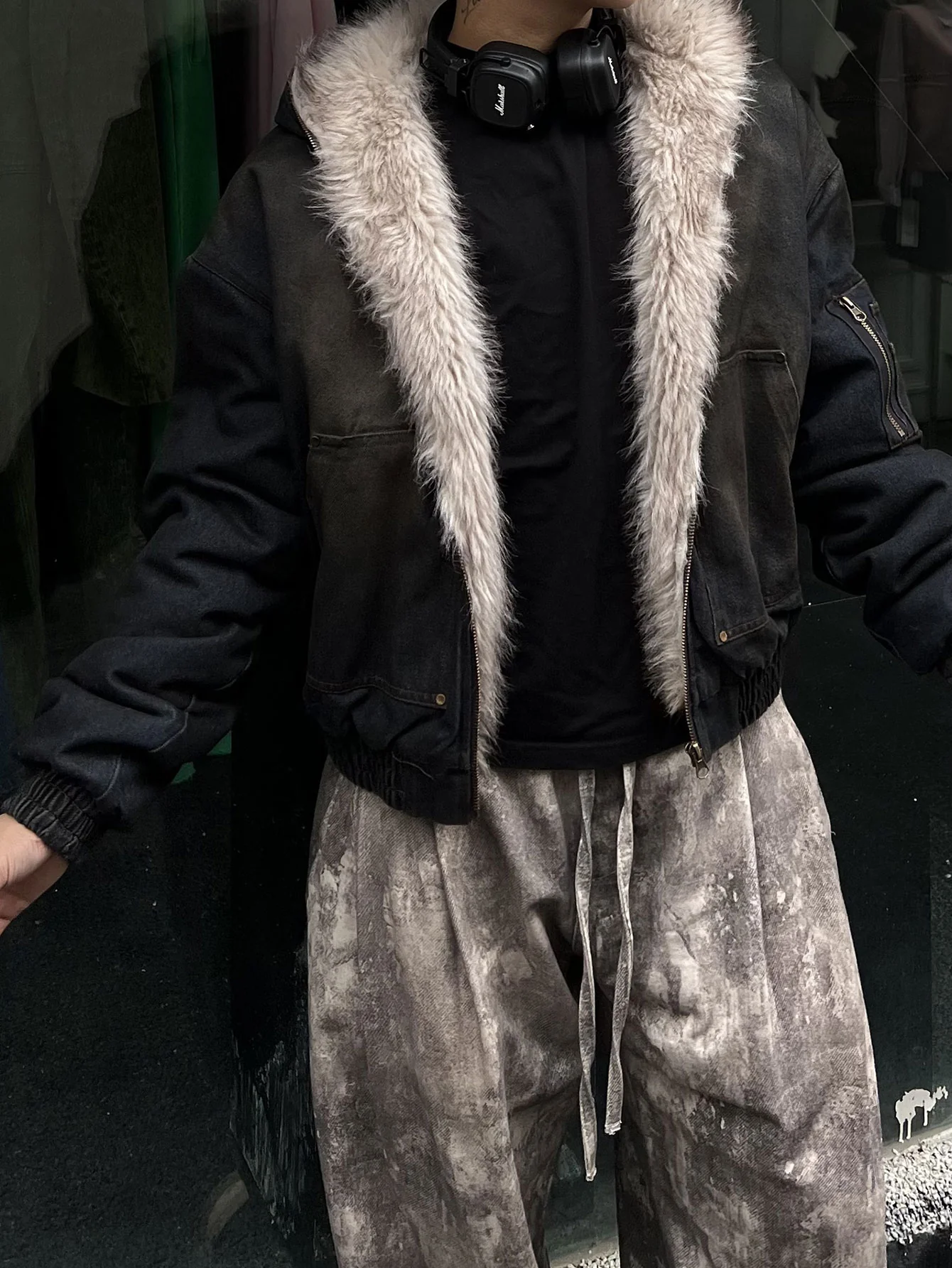 Boxy Kunstpelzkragen Gewaschene Denim Kapuzenjacke - Image 4