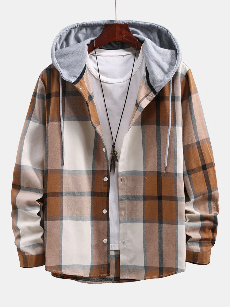 Button-Up Kontrast Hoodie Karierte Hemd