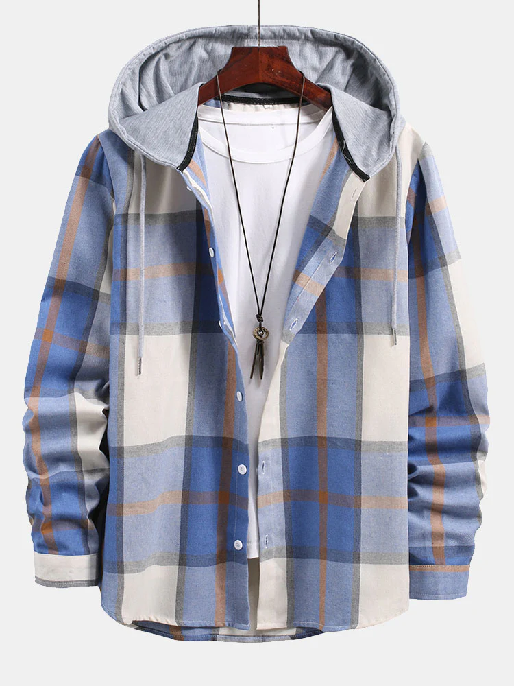 Button-Up Kontrast Hoodie Karierte Hemd - Image 3