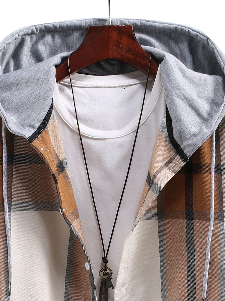 Button-Up Kontrast Hoodie Karierte Hemd - Image 7