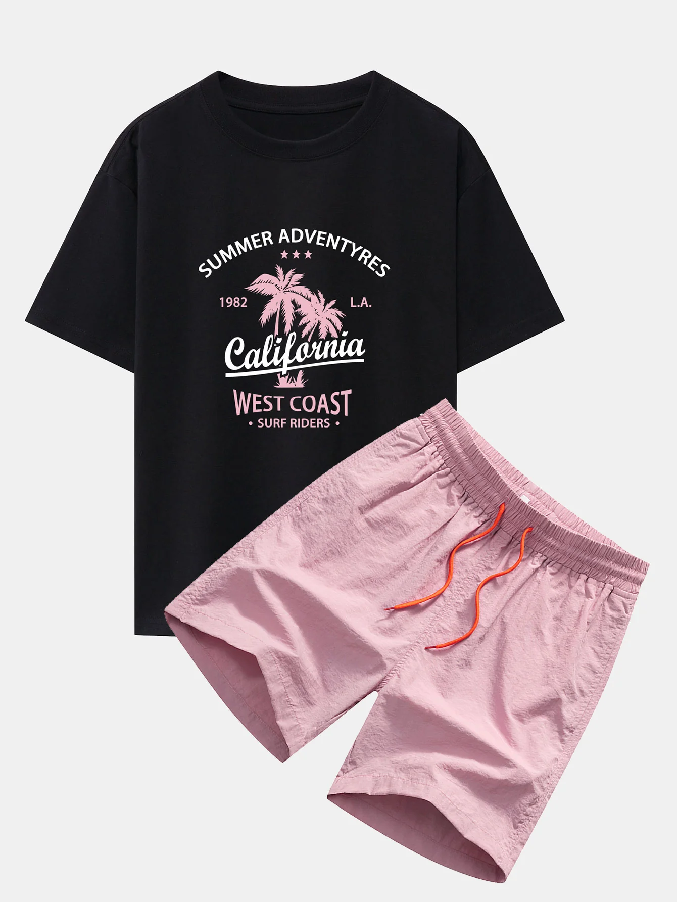 California Palm Tree Print Drop Shoulder Oversize T-Shirt & Herren Mid Length Drawstring Swim Shorts - Image 4