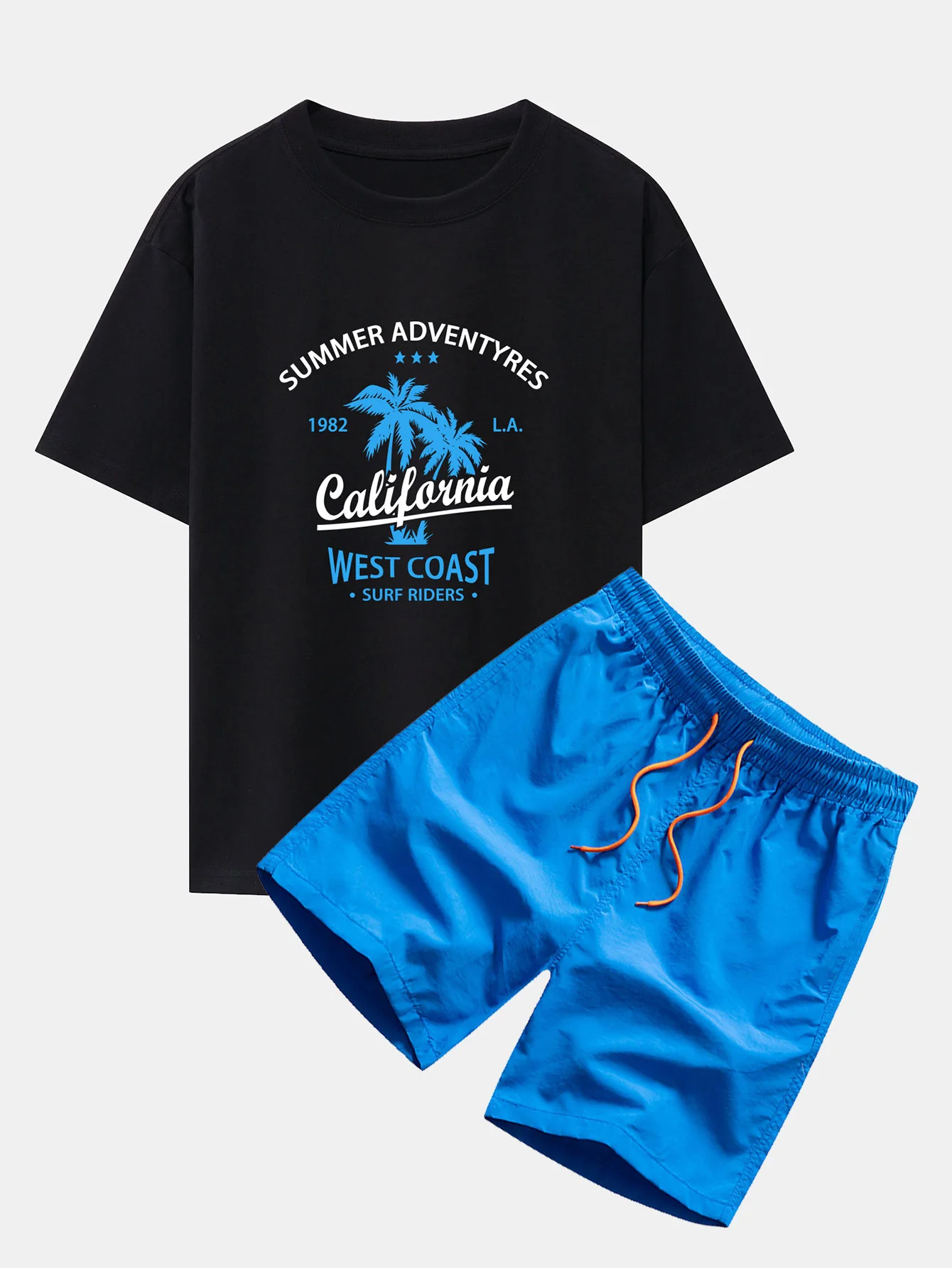 California Palm Tree Print Drop Shoulder Oversize T-Shirt & Herren Mid Length Drawstring Swim Shorts - Image 7