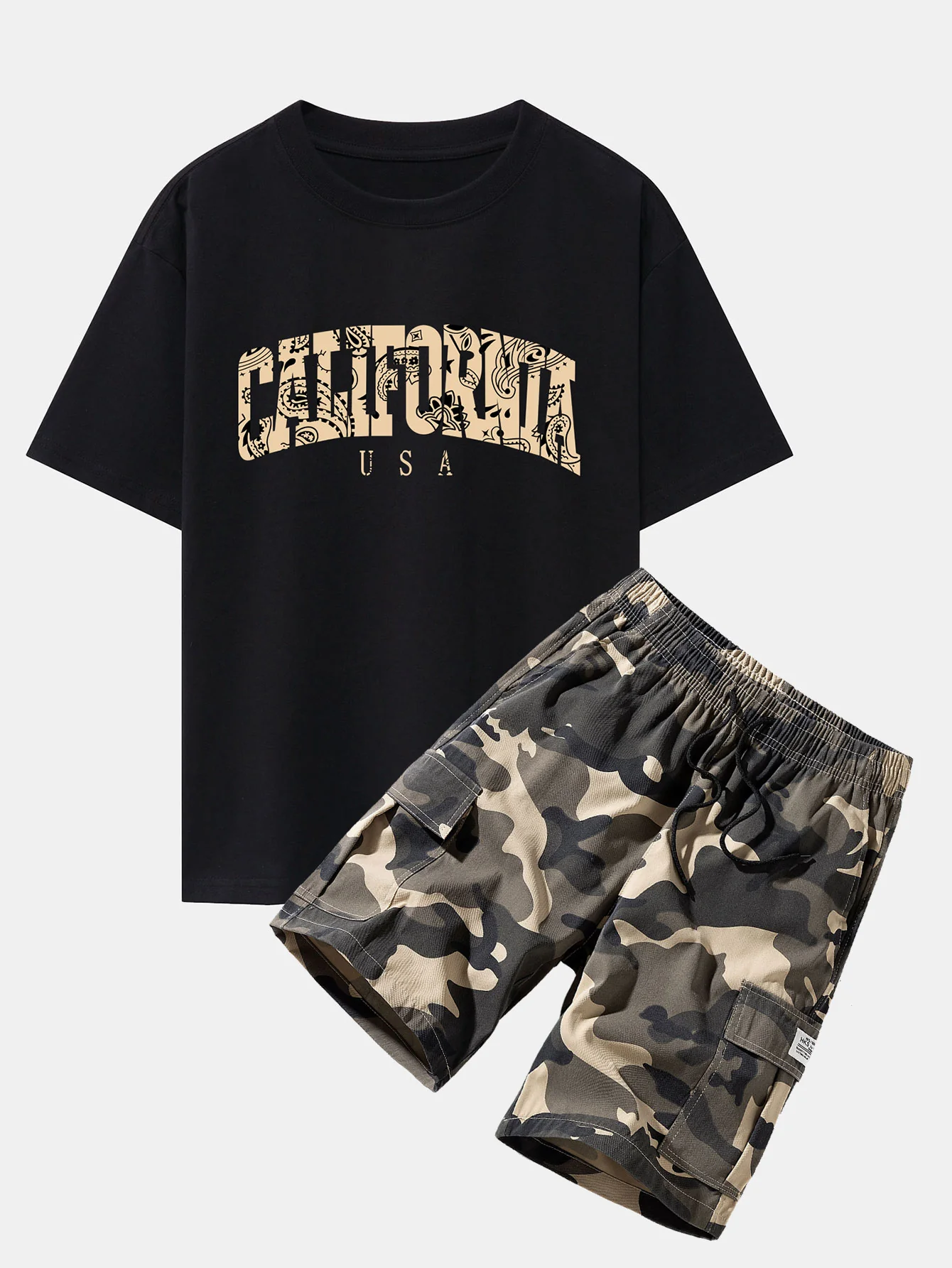 Paisley California Print Drop Shoulder Oversize T-Shirt & Camouflage Kordelzug Cargo Shorts
