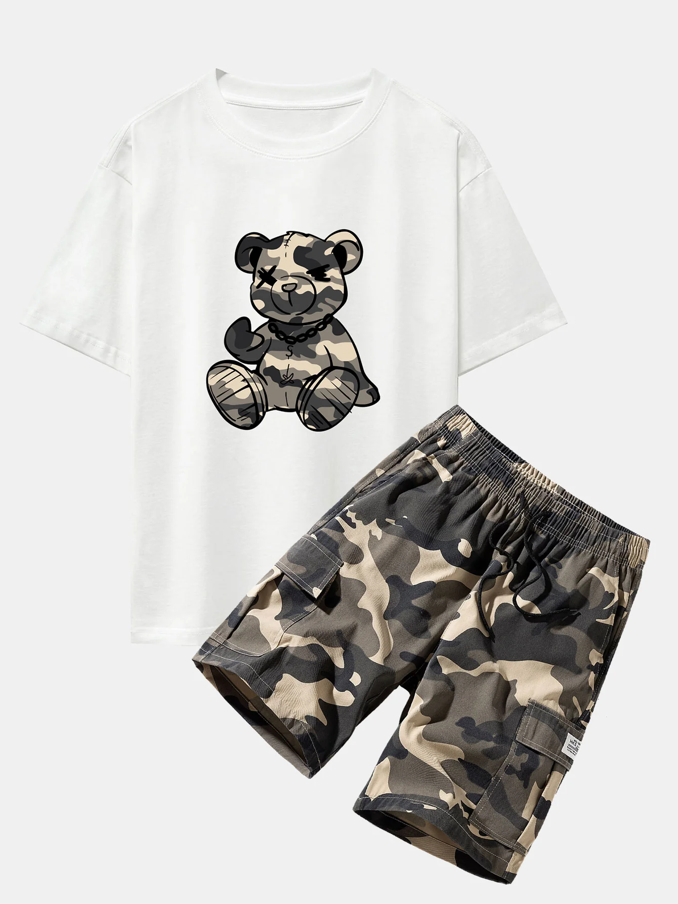 Camouflage Bärenprint Oversize T-Shirt mit überschnittenen Schultern & Kordelzug Cargo Shorts - Image 2