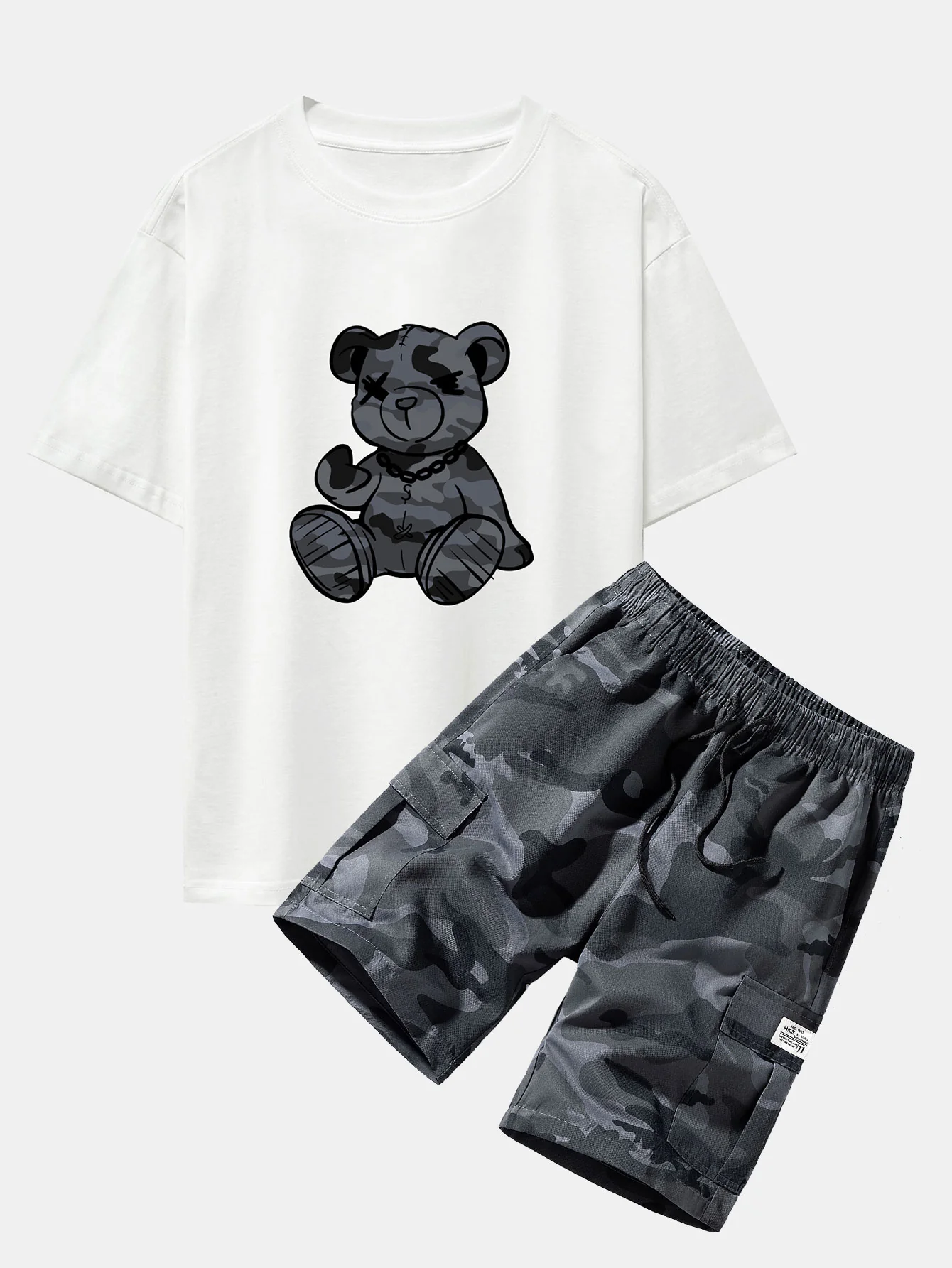 Camouflage Bärenprint Oversize T-Shirt mit überschnittenen Schultern & Kordelzug Cargo Shorts - Image 3