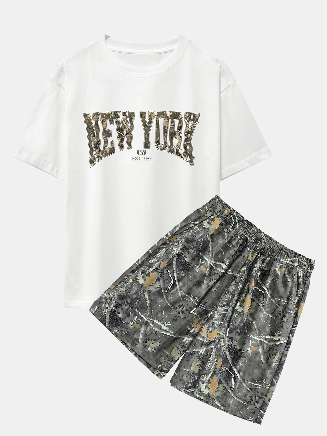 Camouflage New York Print Drop Shoulder Oversize T-Shirt & Forest Camo Print Drawstring Shorts