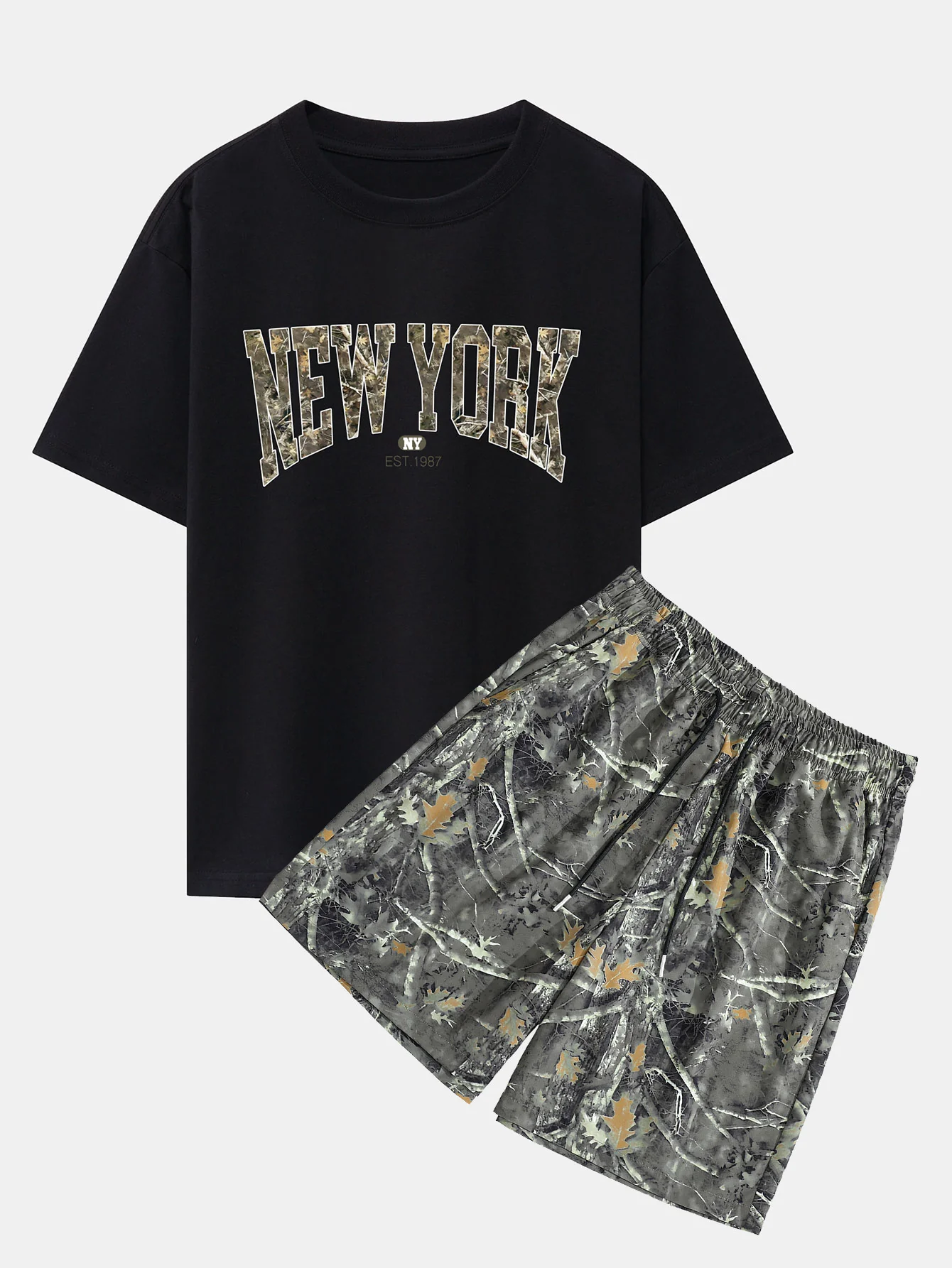 Camouflage New York Print Drop Shoulder Oversize T-Shirt & Forest Camo Print Drawstring Shorts - Image 2